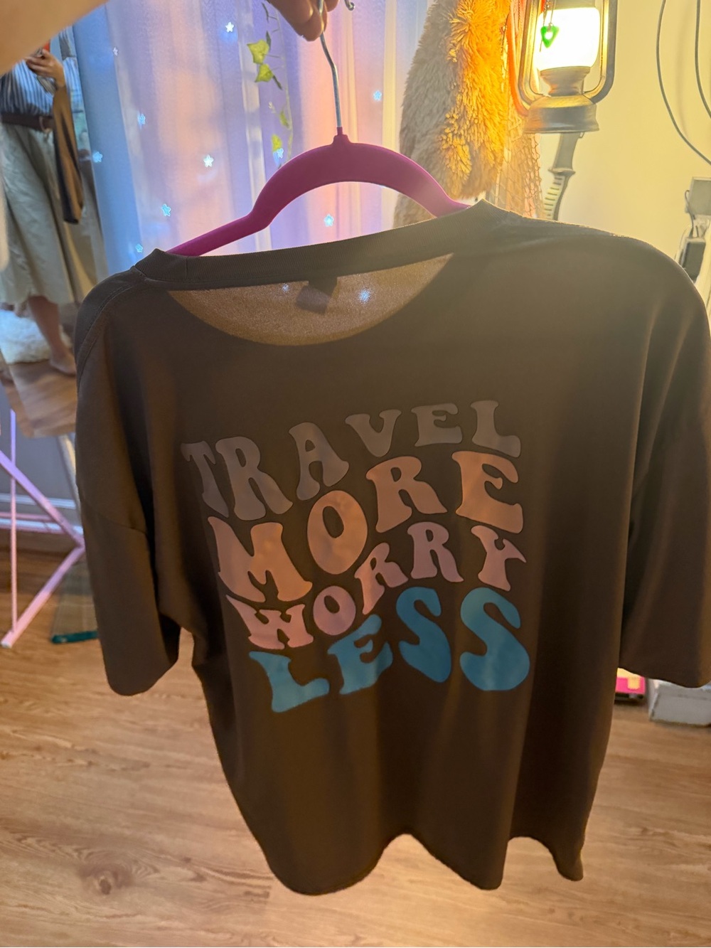 SHEIN Brown Short Sleeve Tee with Pink & Blue Graphic